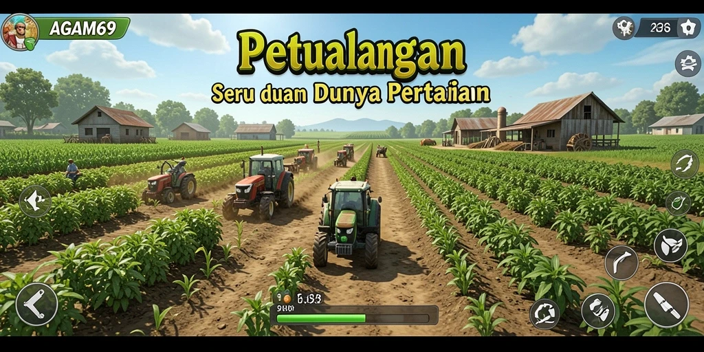 Tampilan gameplay <strong>AGAM69</strong> yang menampilkan lahan pertanian yang subur dan penuh warna.