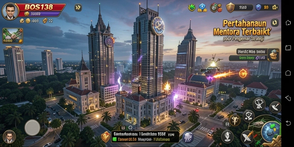 Tampilan gameplay <strong>BOS138</strong> yang menampilkan strategi pertahanan menara yang intens.