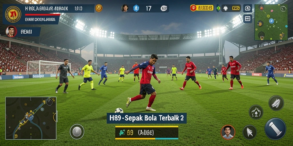 Tangkapan layar gameplay H89 menunjukkan aksi penuh di lapangan sepak bola.