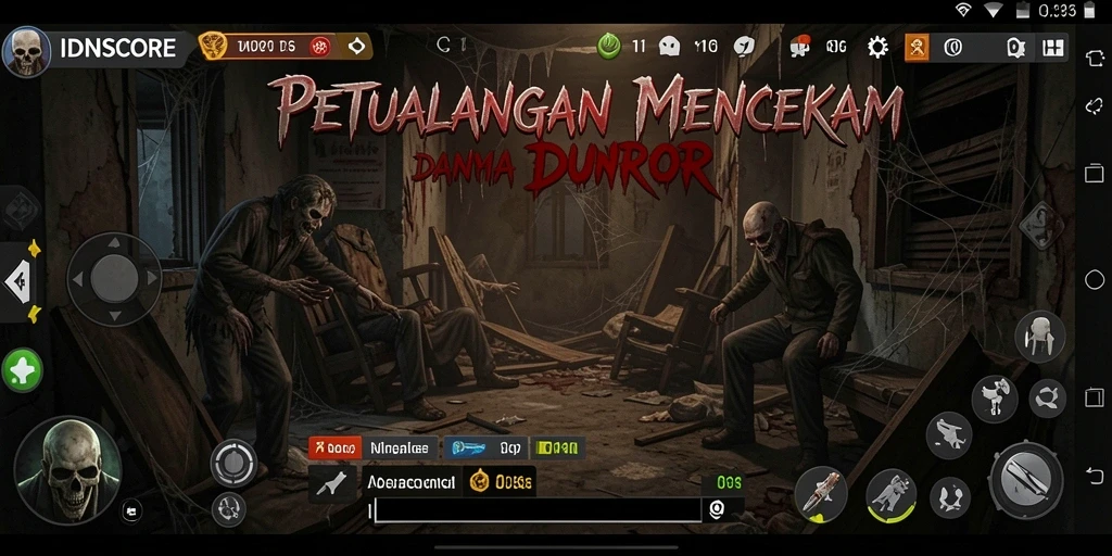 Screenshot gameplay IDNSCORE menunjukkan suasana gelap dan penuh ketegangan.