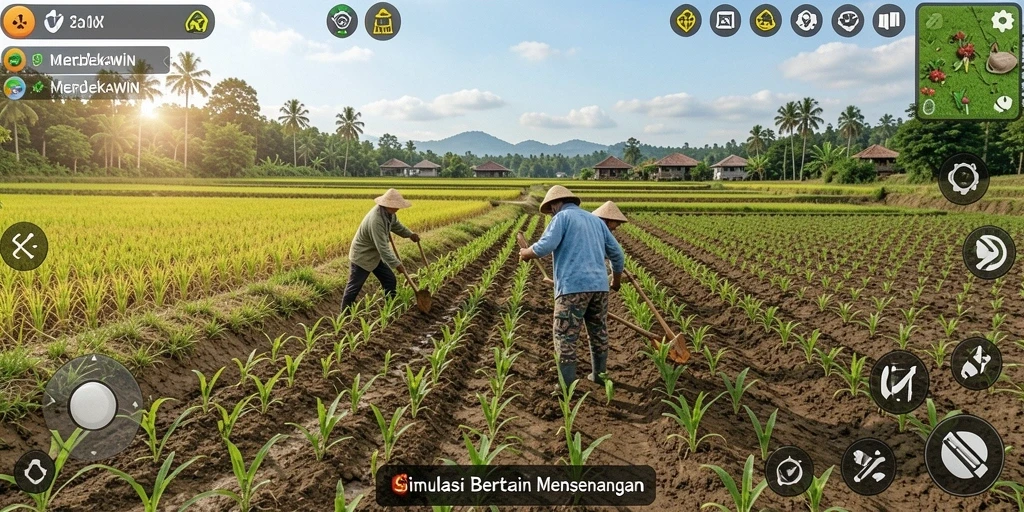 Tampilan gameplay MERDEKAWIN yang menunjukkan aktivitas bertani dan berinteraksi.