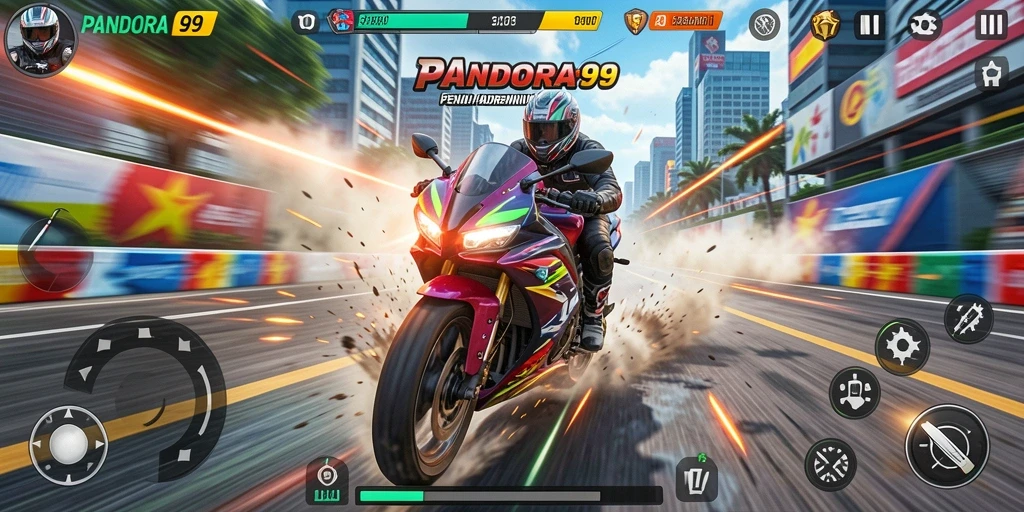 Gameplay PANDORA99 dengan balapan motor yang seru dan menegangkan.