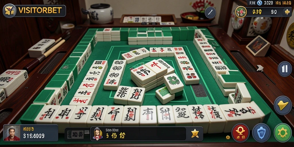 Tampilan menarik dari gameplay <strong>VISITORBET</strong> yang menampilkan papan Mahjong yang unik.