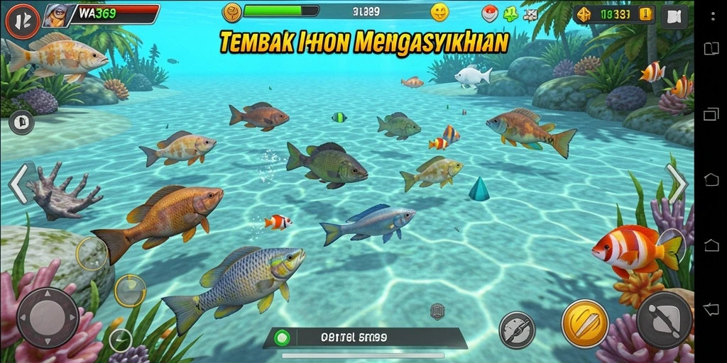 Screenshot gameplay seru WA369 dengan berbagai ikan untuk ditembak.