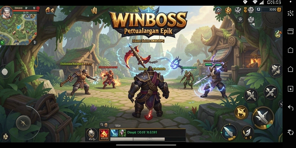 Screenshot gameplay dari <strong>WINBOSS</strong> yang menunjukkan aksi epik dalam pertempuran.